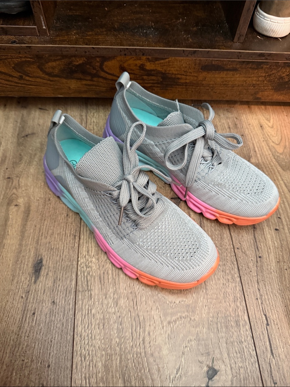 Women's Gray Knit Slip-On Sneakers with Pastel Rainbow Sole